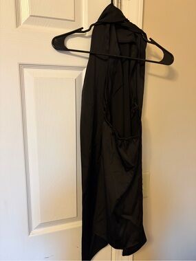 Black Satin Draped Halter Scarf Dress